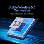 Baseus Bowie E5x earbuds highlighting 4 microphones for noise reduction