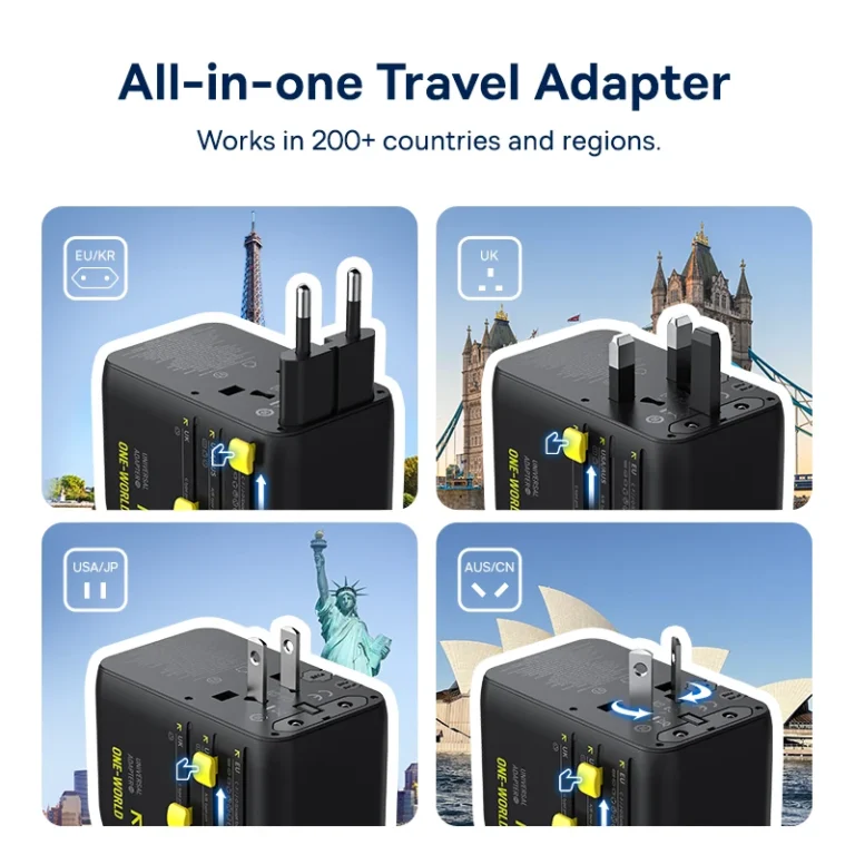 Compact Baseus travel charger showing multiple plug types