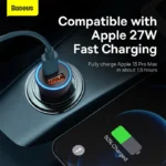 Side view of Baseus 60W fast charging car charger plugged into car socket