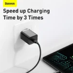 Baseus USB-C fast charger plugged into power outlet