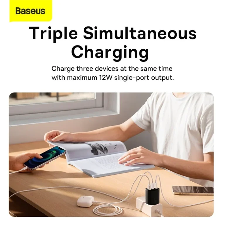 Side view of Baseus USB charger with three ports