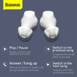 Baseus WM01 earbuds showing touch control area and ergonomic design