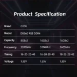 Set of two CUSU DDR4 16GB 3200/3600MHz RGB RAM sticks