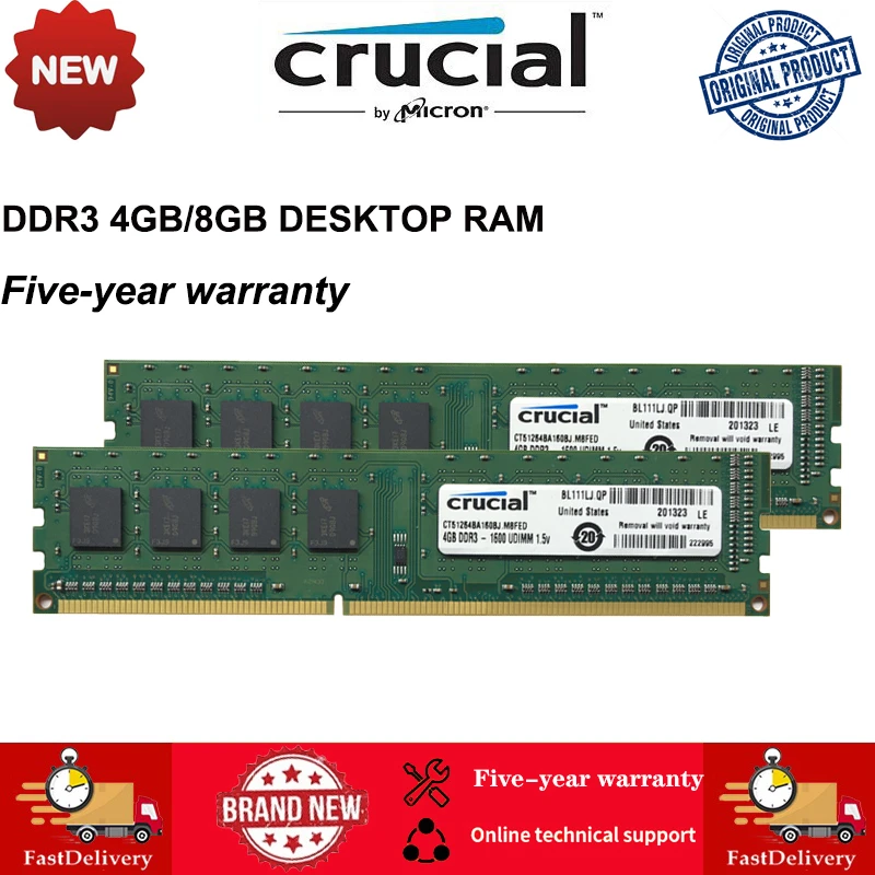 Crucial DDR3 RAM Dektop 4GB 8GB 1333mhz 1600mhz DIMM Memory PC3-12800 PC RAM Crucial DDR3 4GB 8GB 1333MHz 1600MHz desktop RAM module front view
