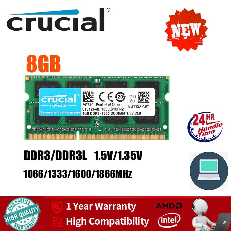 Crucial Notebook DDR3 RAM DDR3L 4GB 8GB SODIMM 1333 1666MHz 204Pin 1.35V/1.5V RAM PC3-10600 12800 FOR Laptop Crucial DDR3 DDR3L 4GB 8GB Laptop RAM 1600MHz SODIMM module front view