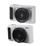 Side angle of digital camera highlighting zoom and flash features