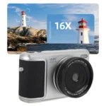 Compact digital mirrorless camera with built-in flash and rotating screen