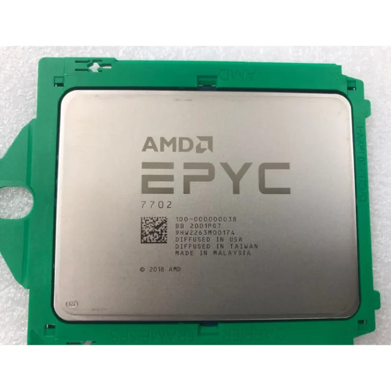 AMD EPYC 7702 CPU showing pins and SP3 socket interface