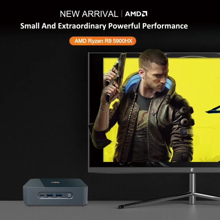 Side view of Eglobal Ryzen 9 5900HX Mini PC showing ports