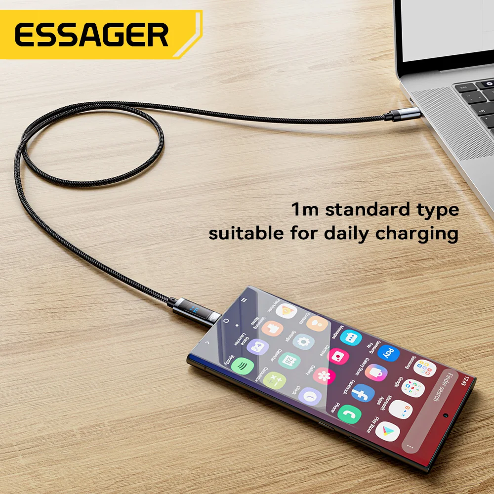 Essager USB-C cable connected to laptop and smartphone for charging