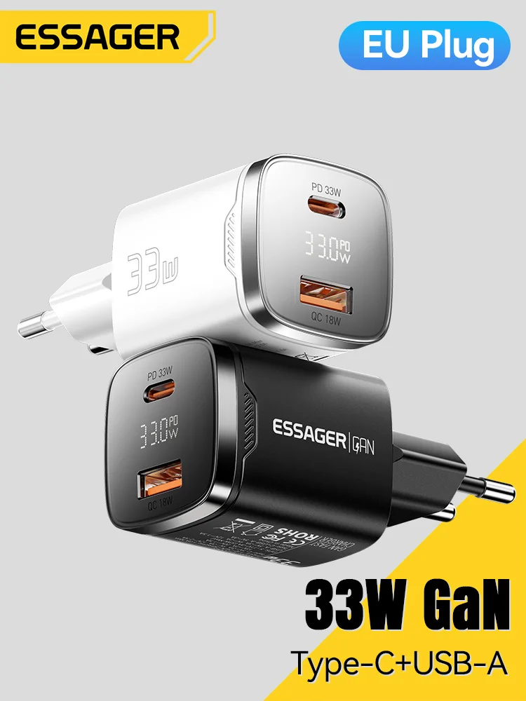 Essager 33W GaN USB-C charger showing USB-A and USB-C ports