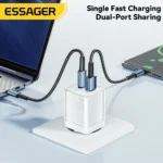 Essager GaN charger plugged into AC power outlet