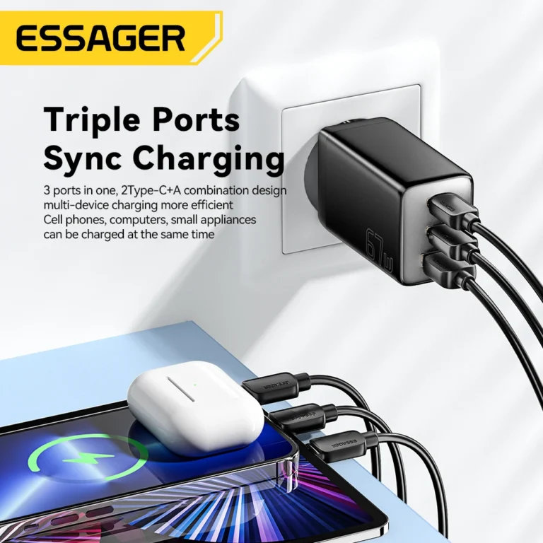 Essager GaN 67W USB-C charger showing USB-C and USB-A ports