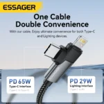 Essager 65W PD dual connector charging cable close-up of Type-C and Lightning ends