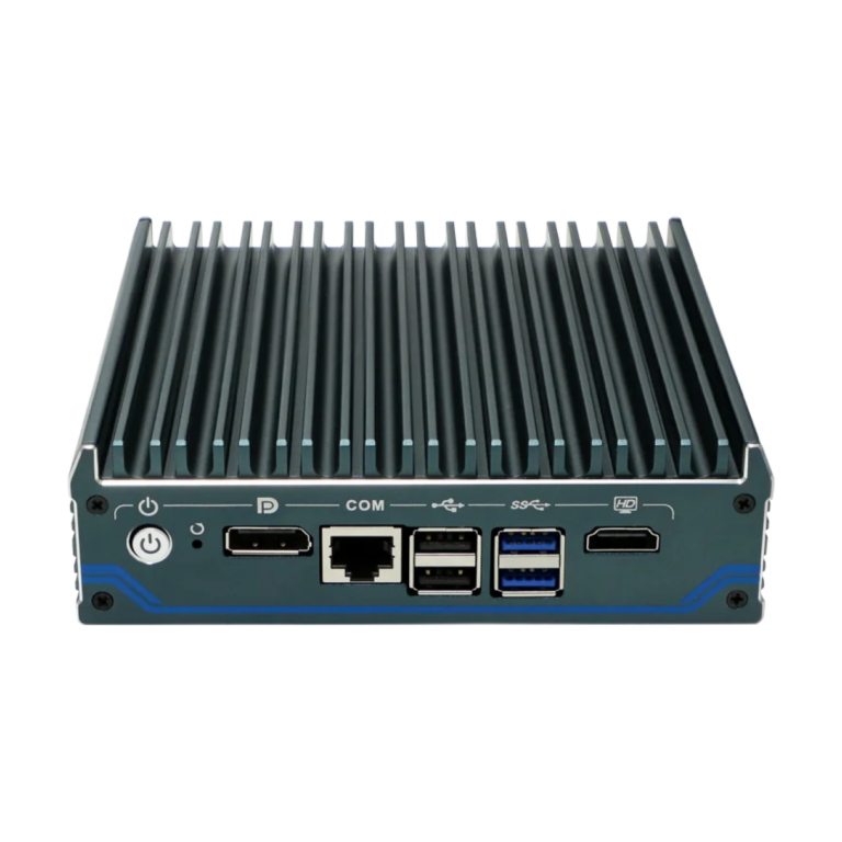 Fanless mini PC with 4x 2.5G LAN ports and brushed aluminum case front view