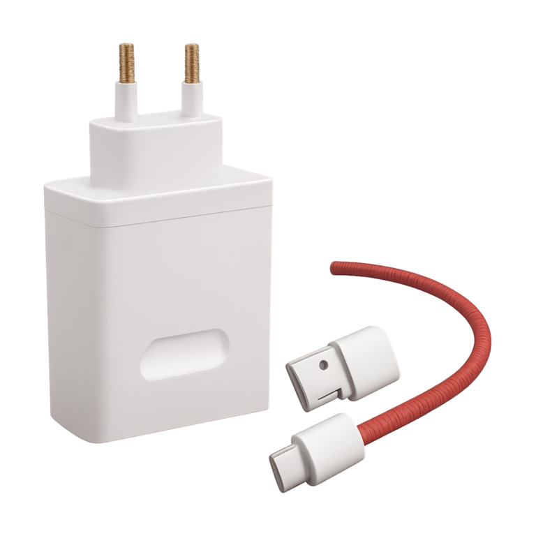 OnePlus 100W SuperVOOC fast charger and USB-C cable front view