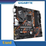 Close-up of GIGABYTE B365M AORUS ELITE motherboard ports and slots