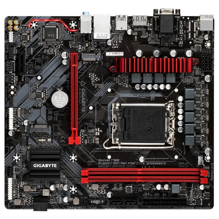 Close-up of GIGABYTE B660M Gaming DDR4 motherboard ports and slots