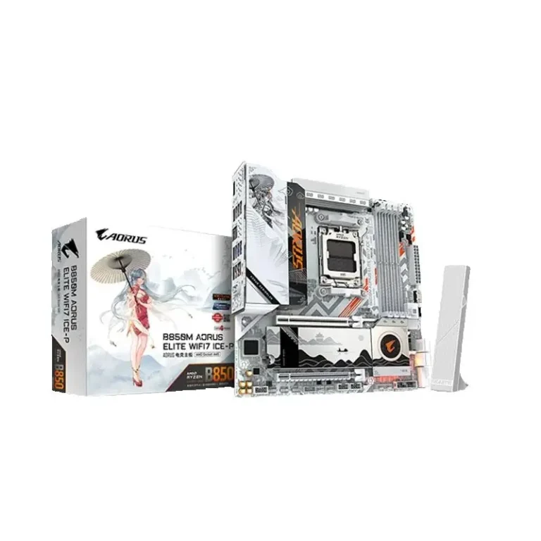 Close-up of GIGABYTE B850M AORUS ELITE WIFI7 motherboard ports and slots