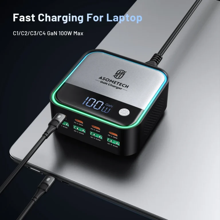 Front view showing 4 USB-C and 4 USB-A ports on GaN 8-port desktop charger
