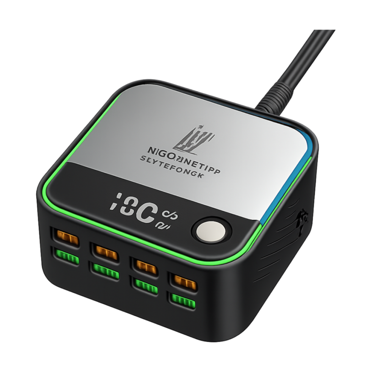 ASOMETECH GaN 8-port USB-C charger with digital display and ambient light