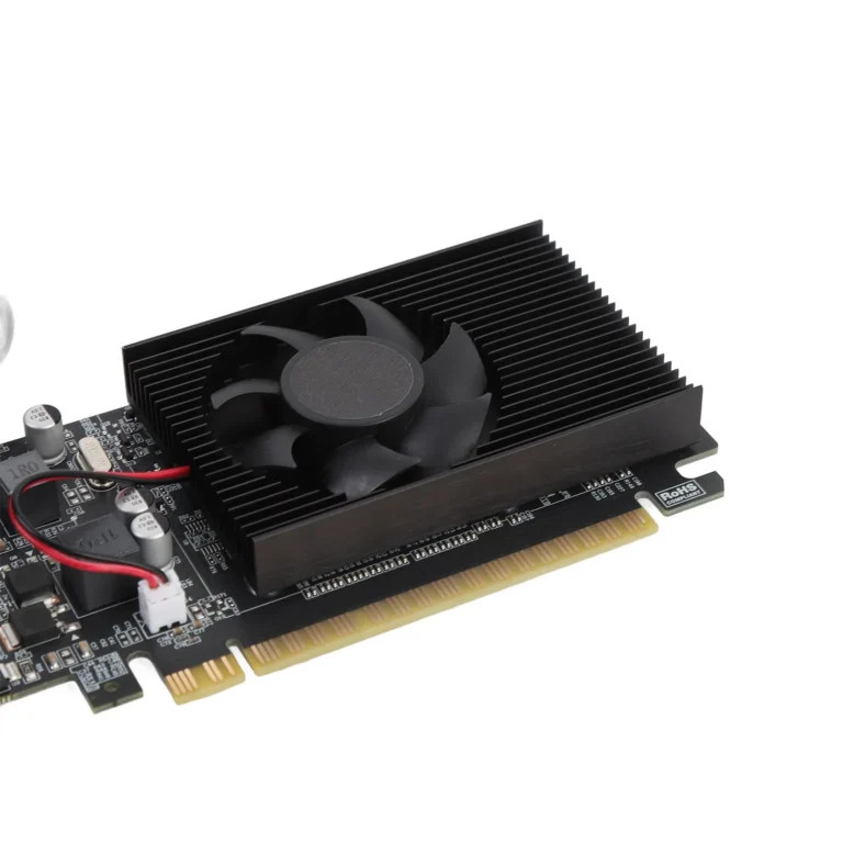 Side angle of KKMOON 1GB DDR3 PCI Express 2.0 video card showing single fan cooler