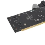 Close-up of VGA, DVI, and HD multimedia output ports on 1GB DDR3 graphics card