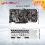 Side angle of HUANANZHI RX580 8GB PCIe graphics card showing ports