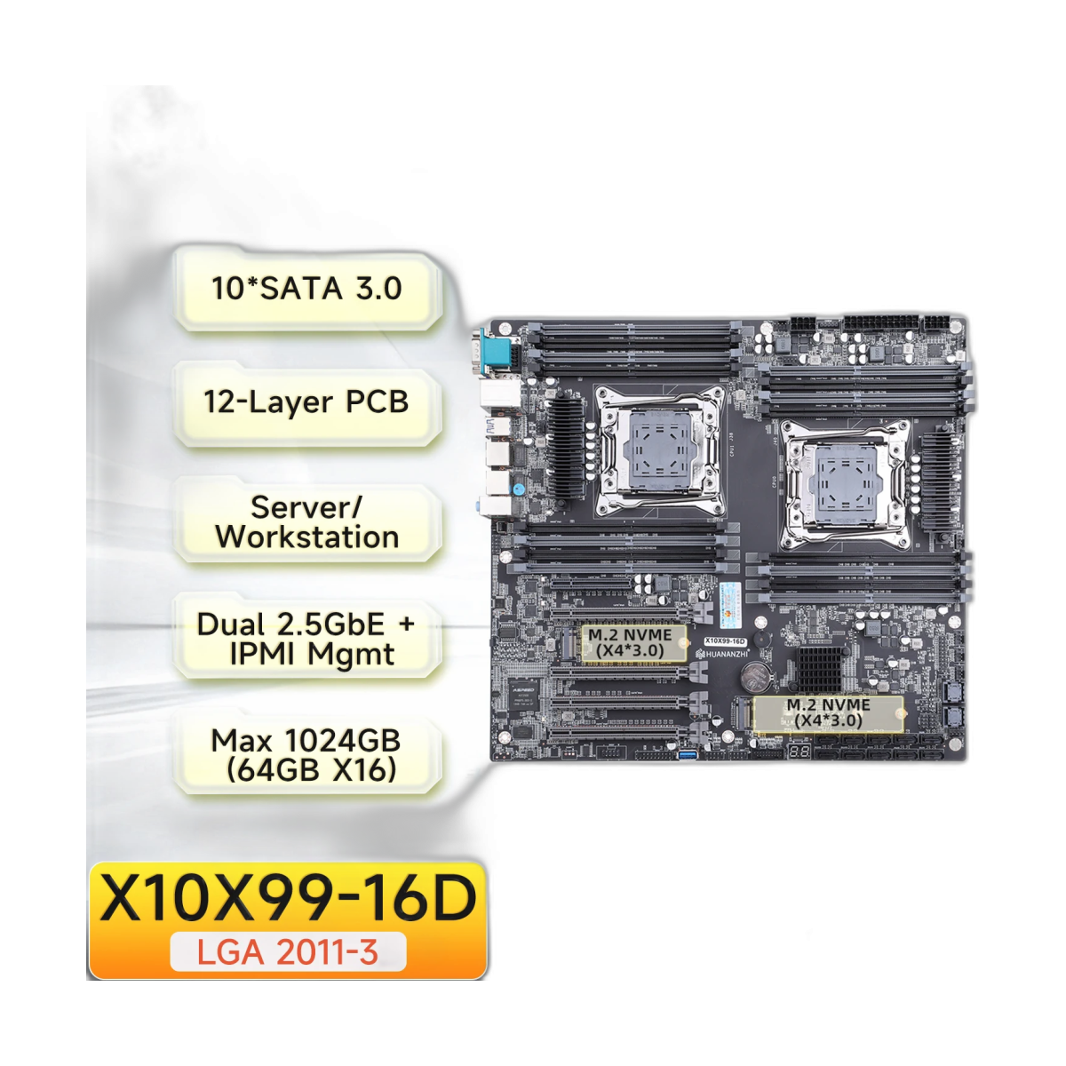 HUANANZHI X10X99 16D LGA 2011-3 Xeon X99 Motherboard for Intel Dual CPU E5 2640 2666 2670 2696 2678 V3 V4 DDR4 RECC NVME Support-bg-clean HUANANZHI X10X99 dual Xeon motherboard front view