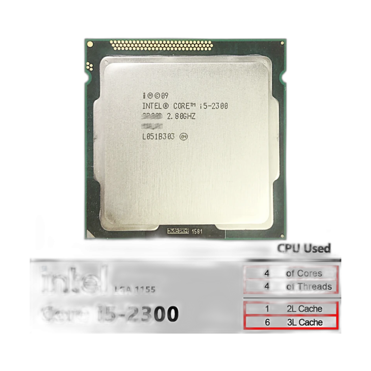 Intel Core i5-2300 Used i5 2300 2.8 GHz Quad-Core CPU 6M 95W LGA 1155-bg-clean Intel Core i5-2300 2.8GHz quad-core processor front view