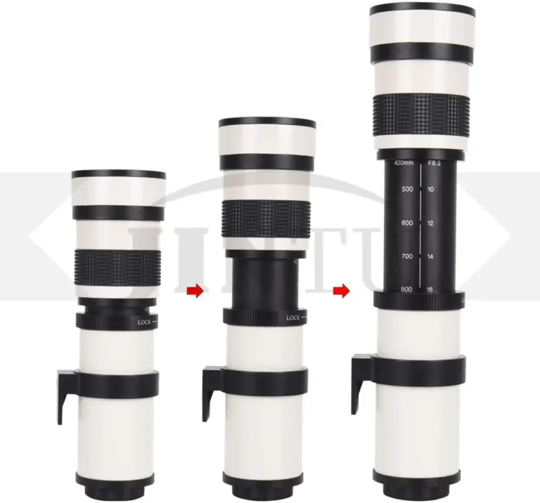 JINTU 420-800mm telephoto lens mounted on camera
