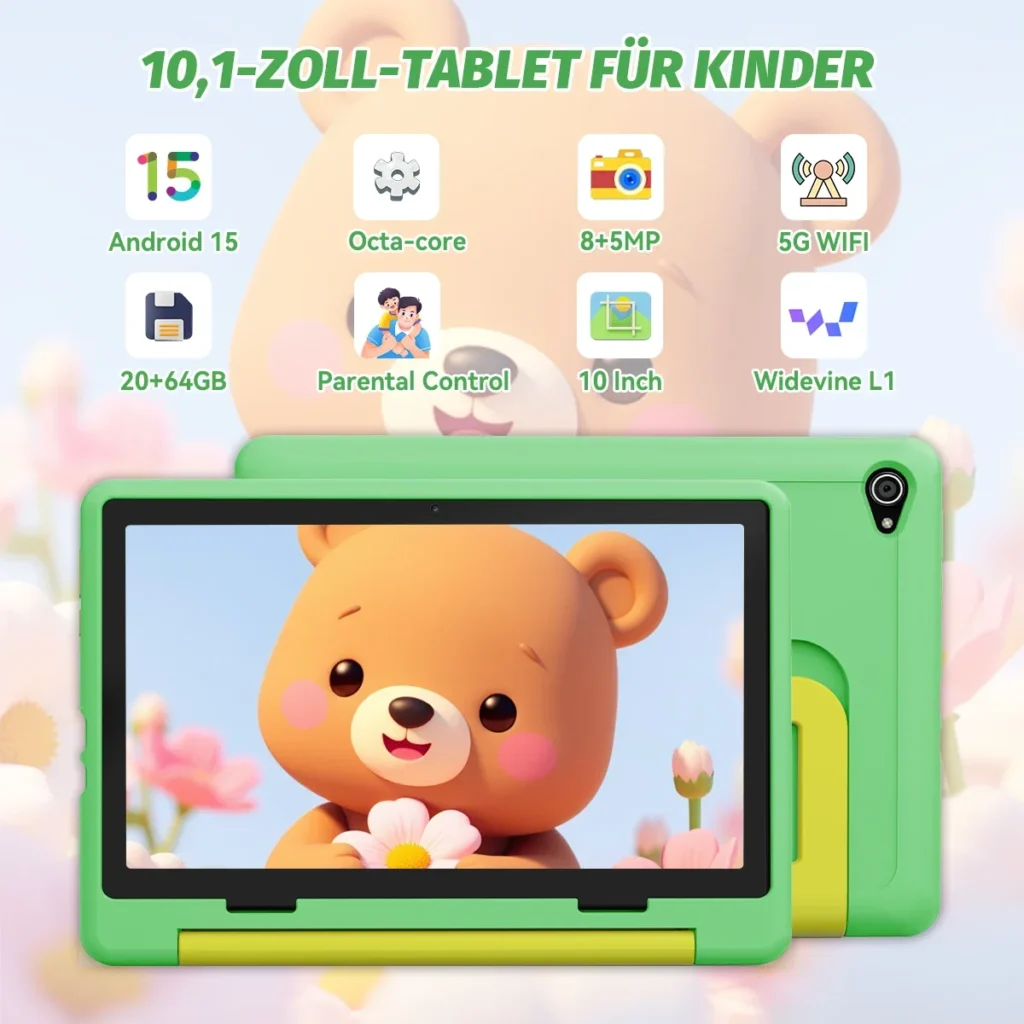 Front view of child-friendly 10 inch tablet with protective case