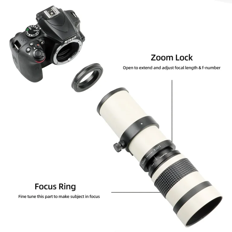 Side angle of Lightdow 420-800mm telephoto zoom lens with T2 adapter