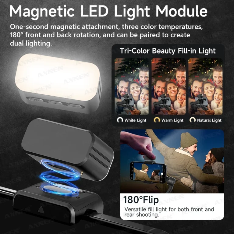 Foldable M03 smartphone gimbal showing magnetic fill light attachment