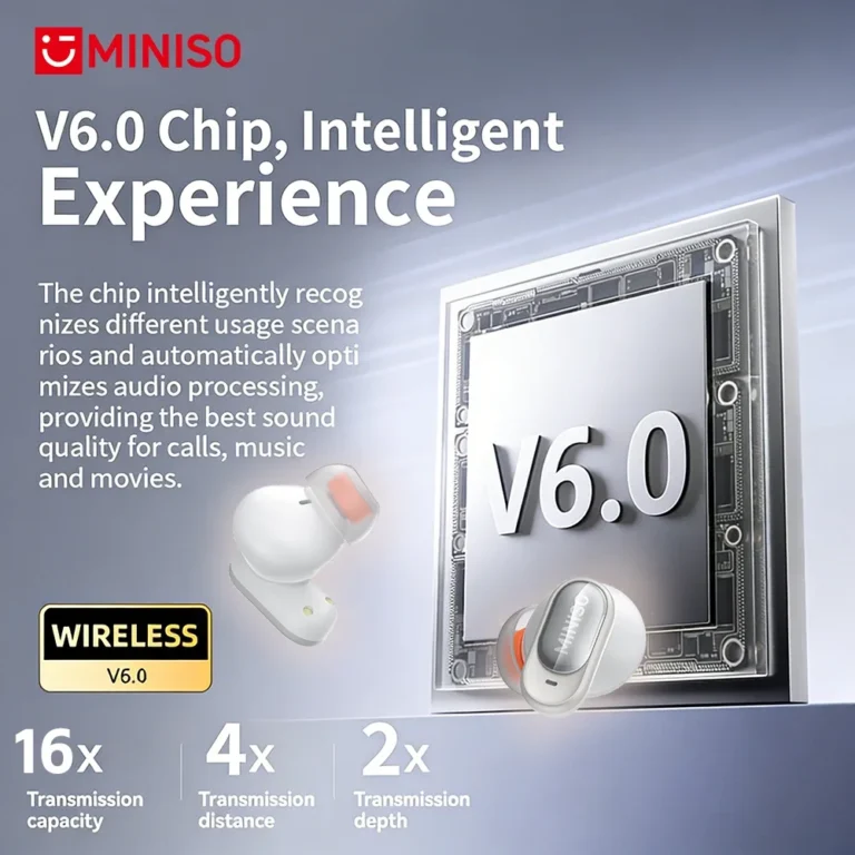 MINISO MS105 Bluetooth wireless earbuds showing silicone ear tips