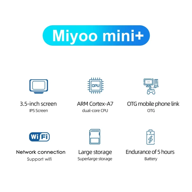 MIYOO Mini Plus handheld console showing 3.5 inch IPS screen