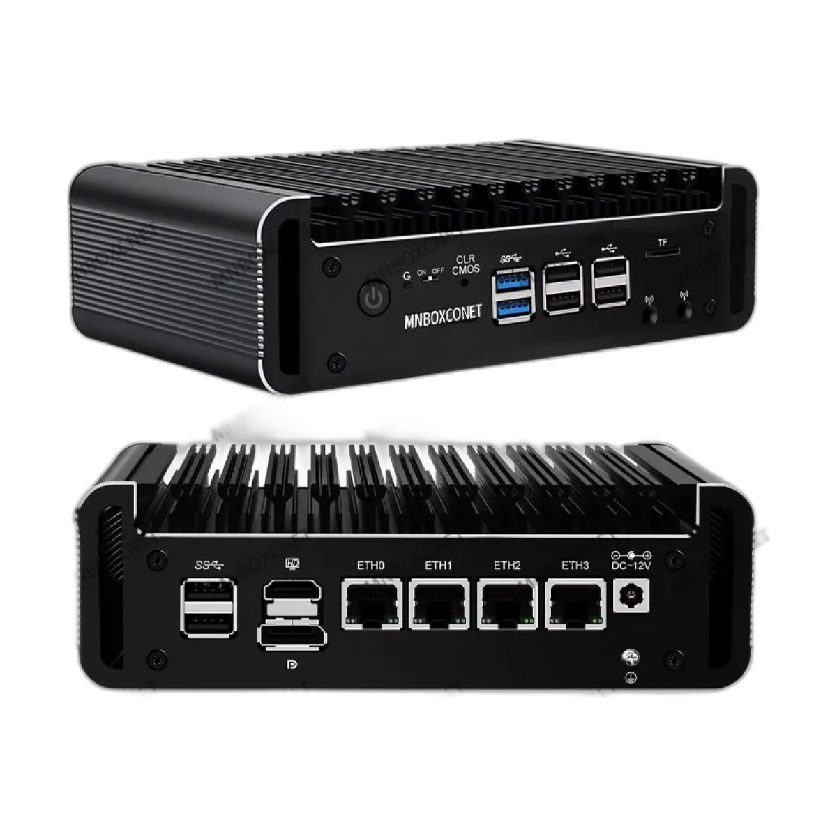 MNBOXCONET Firewall Mini PC Appliance N100, Small Fanless Computer 4 x 2.5GbE I226-V LAN, Barebone NO RAM NO SSD, Windows 11 Pro-bg-clean MNBOXCONET firewall mini PC appliance with 4x 2.5GbE LAN ports front view