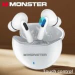 Close-up of MONSTER in-ear wireless earphones showing metal and plastic design