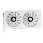 Side angle of MOUGOL AMD Radeon RX580 8GB graphics card with cooling fans
