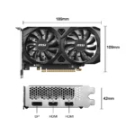 Side angle of MSI GeForce RTX 3050 VENTUS 2X 6G OC GPU showing dual fans
