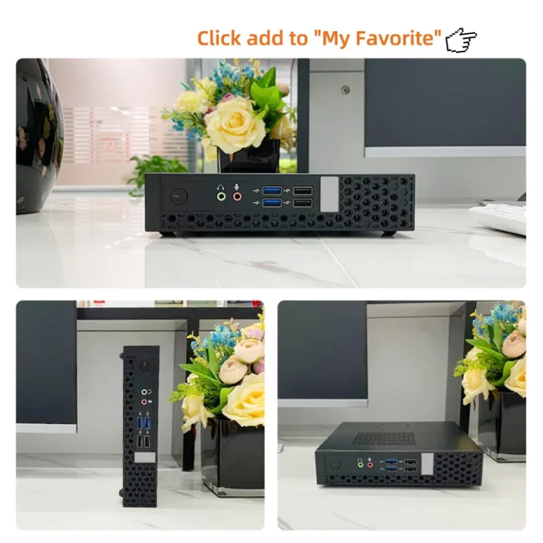 Side angle of mini desktop PC showing cooling vents and metal case