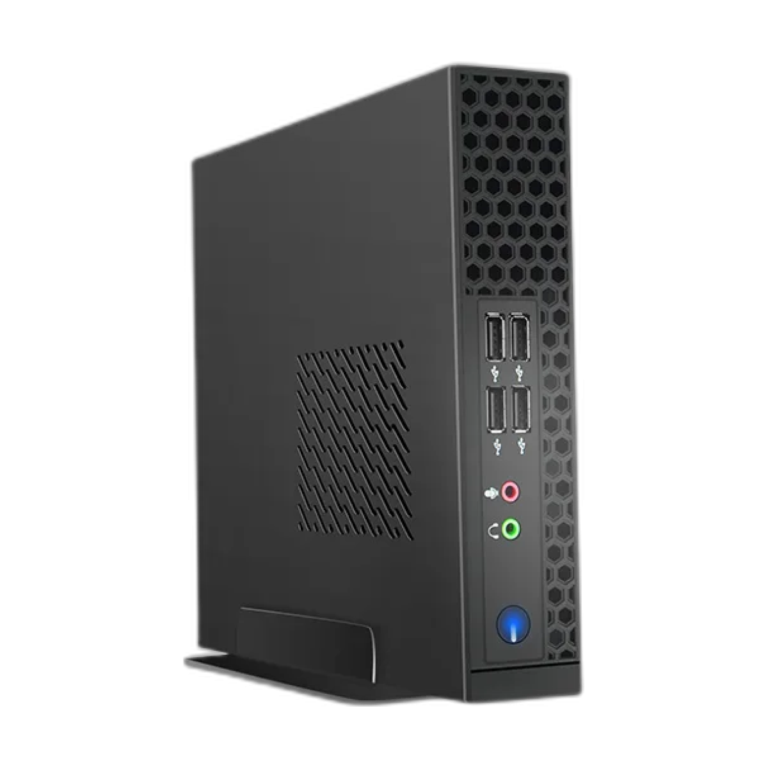 Mini PC with AMD A8-7410 quad core processor and metal chassis front view