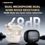 Close-up of Monster AIRSTAR M300 ear clip earbuds with charging case