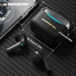 Monster GT06 Bluetooth earbuds displayed with user manual and charger