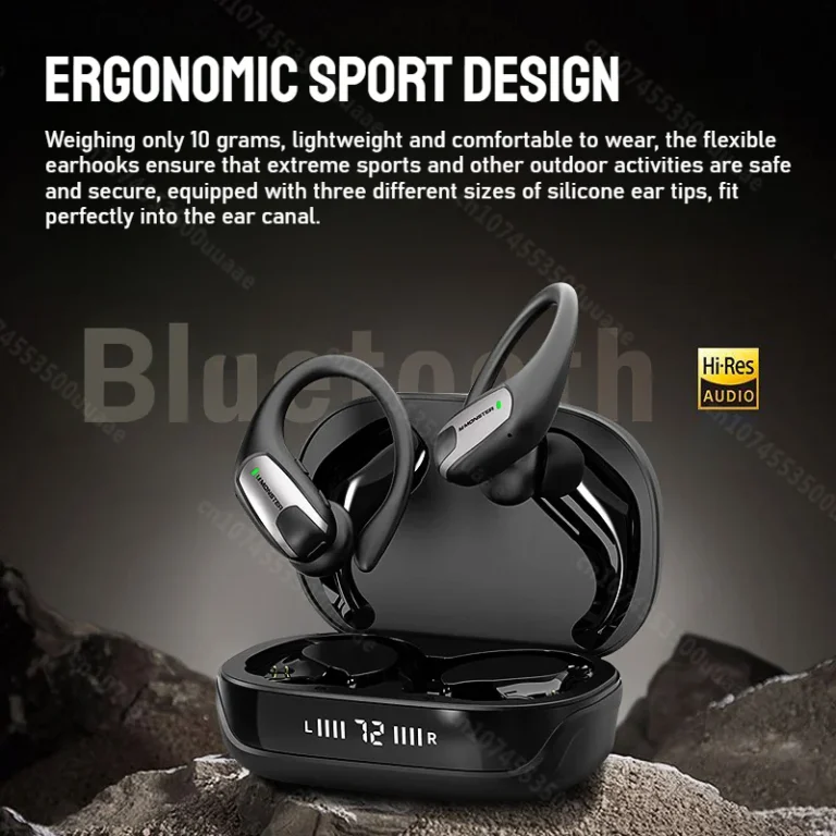 Close-up of Monster AuraFit X05 ergonomic earhooks and earbuds