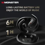 Monster MQO37 wireless earphones angled view with Bluetooth icon
