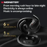 Close-up of Monster MQO37 TWS Bluetooth 6.0 earphones with mic