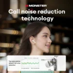 Charging case open displaying Monster QM10 earphones inside