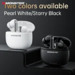 Close-up of Monster GT23 wireless earbuds showing ergonomic earclips