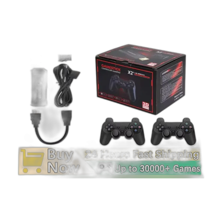 X2 Plus 4K HD Game Stick with wireless controllers front view